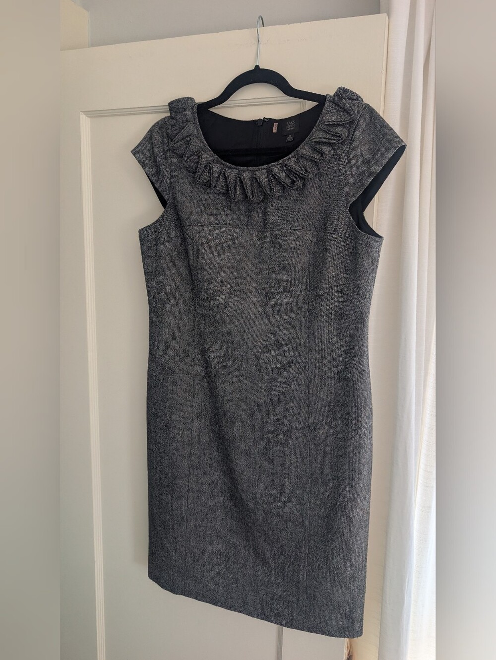 Saks Fifth Avenue Gray Cap-Sleeve Sheath Dress with Ruffle Collar